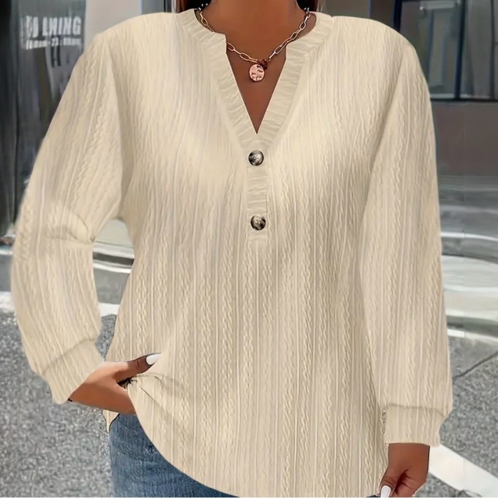 Cream Button V Neck Blouse Tunic - Picture 7 of 7